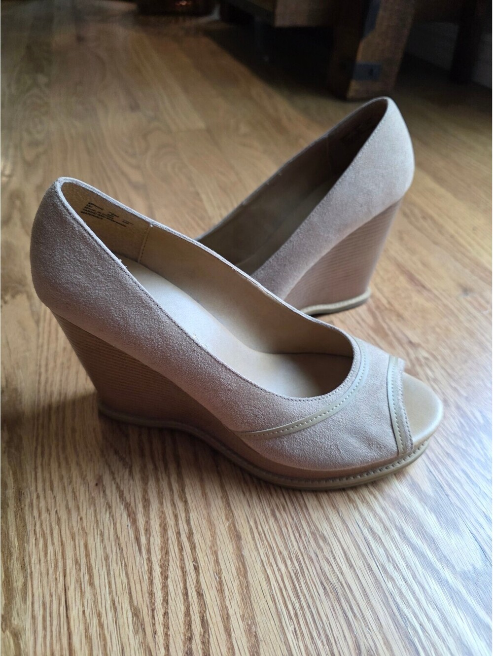 Apostrophe Tan Suede Peep Toe Stacked Wood Wedge Heel Platform Pumps